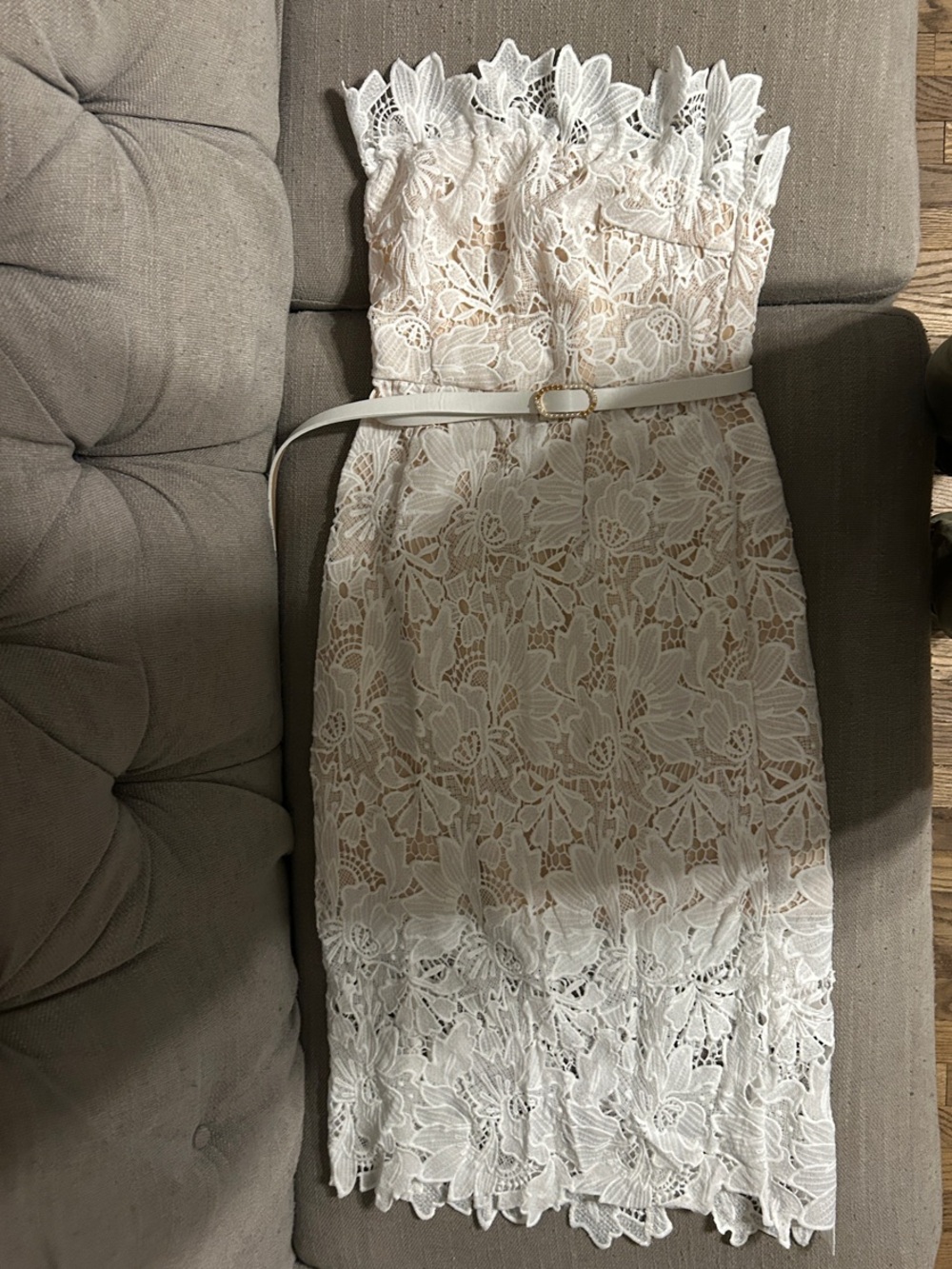 Strapless Cream Lace Midi Dress with Scalloped Hem